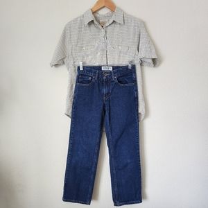 Boys/Young Man Short Sleeve Button Down Plaid Shirt & Denim Jean Outfit, Size 12